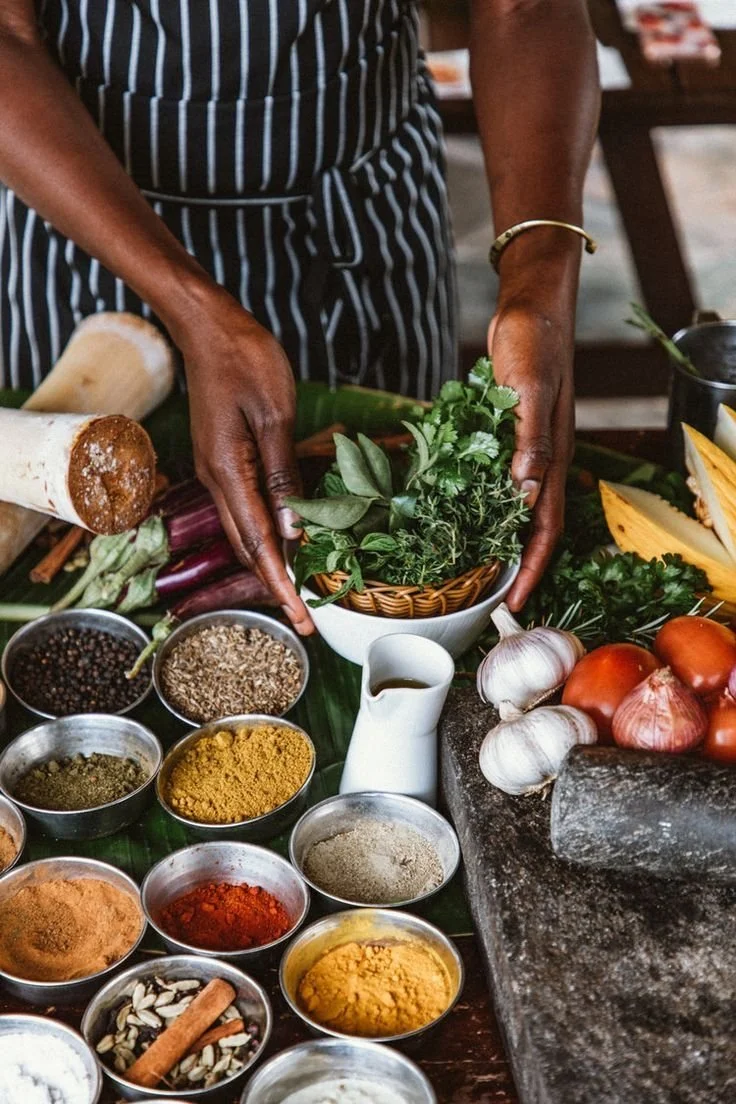 Person in a black and white striped apron preparing herbs and spices on a kitchen counter with various fresh vegetables and spices.