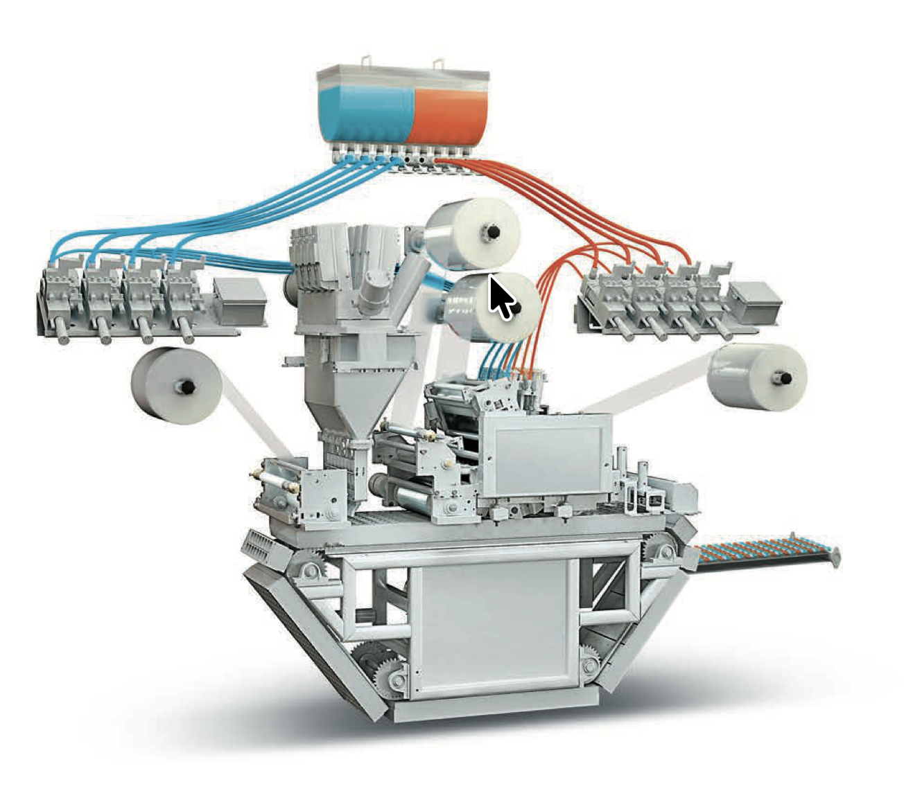 Hydropac® multi-component water-soluble packaging machine with powder and dual-liquid filling system. Hydropac® rotary drum water-soluble packaging system for high-speed multi-chamber pod production