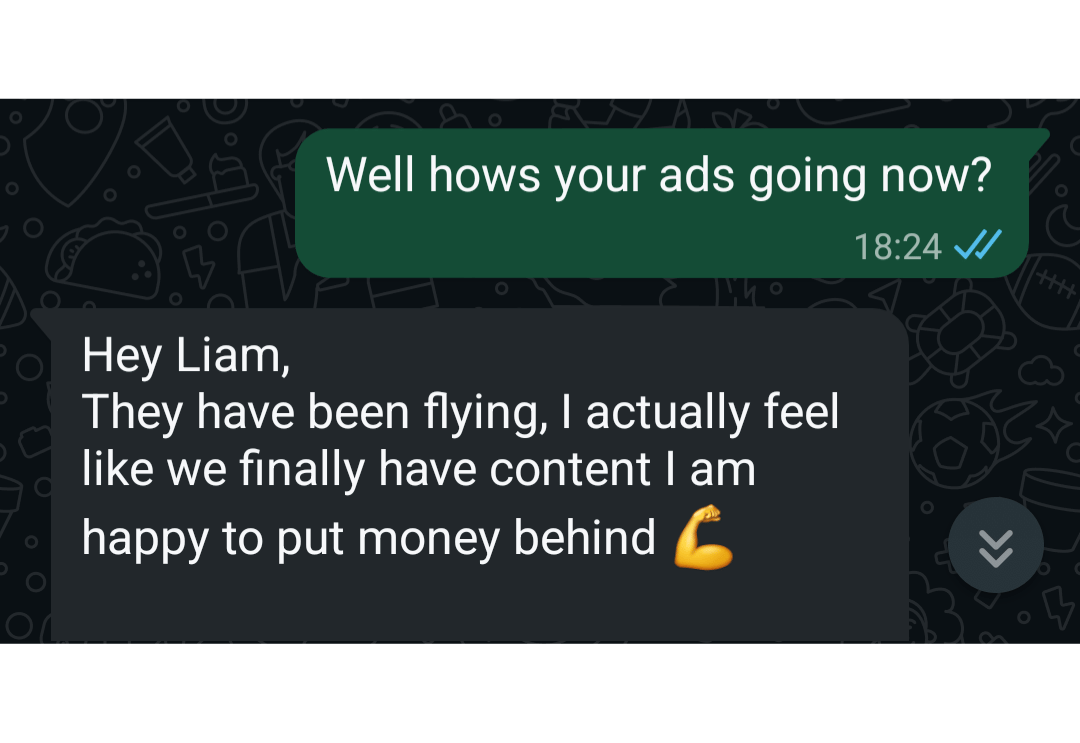 Screenshots of a WhatsApp conversation between two people discussing advertising progress, with one person expressing happiness about content and earnings. Social media analytics showing improved reach and engagement for a business. omagh