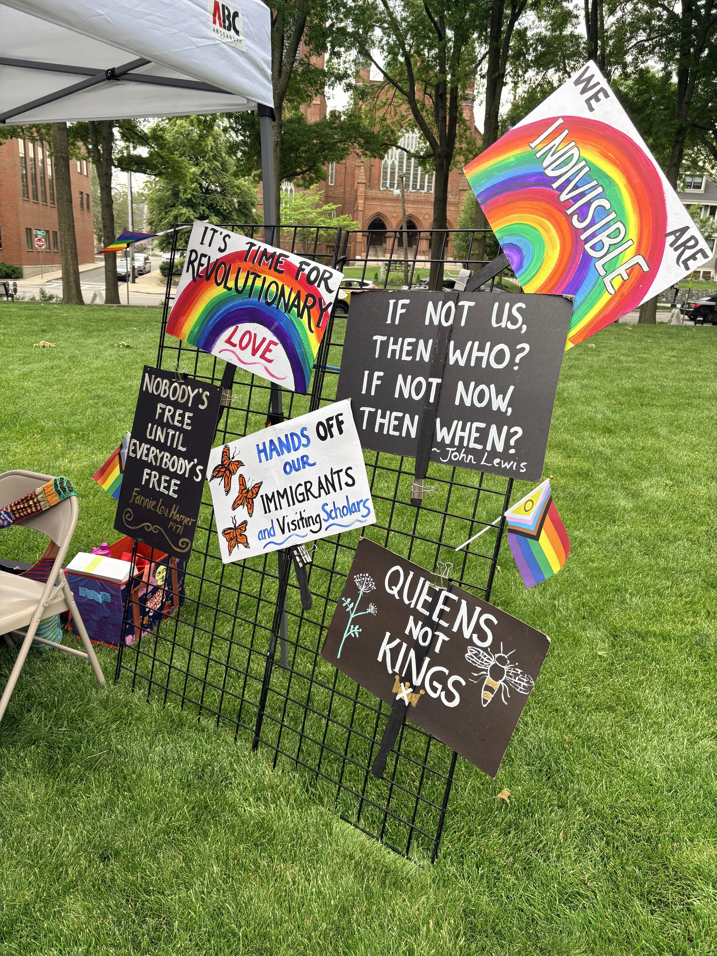 A display of protest signs and rainbow flags set up outdoors on a grassy area, with trees and a building in the background.