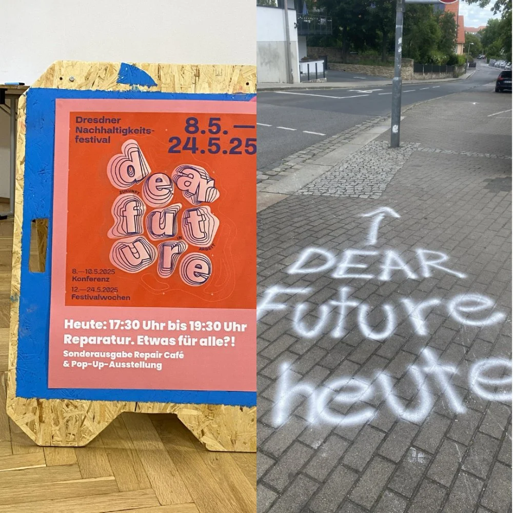 Advertising display and ad written in chalk on the street