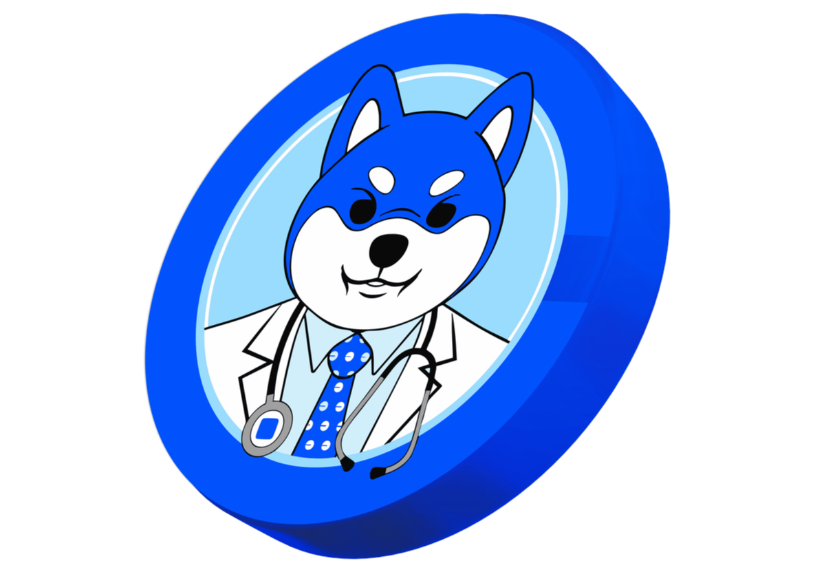 A circular illustration of a husky dog dressed as a doctor with a stethoscope, wearing a white coat, shirt, and tie, set against a light blue background with a darker blue border.
