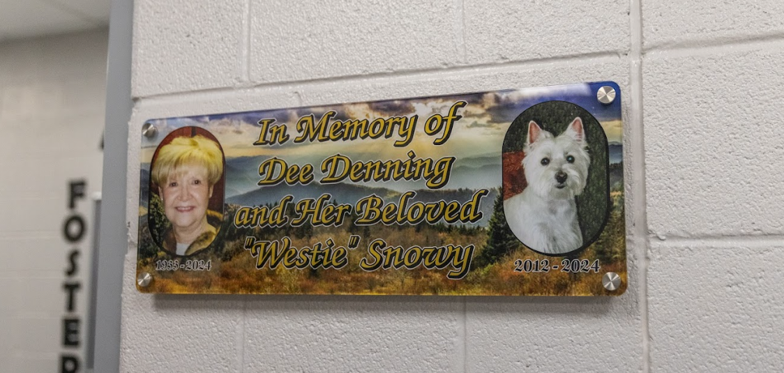 Memorial plaque for a Sevier County Animal Shelter supporter and her dog.
