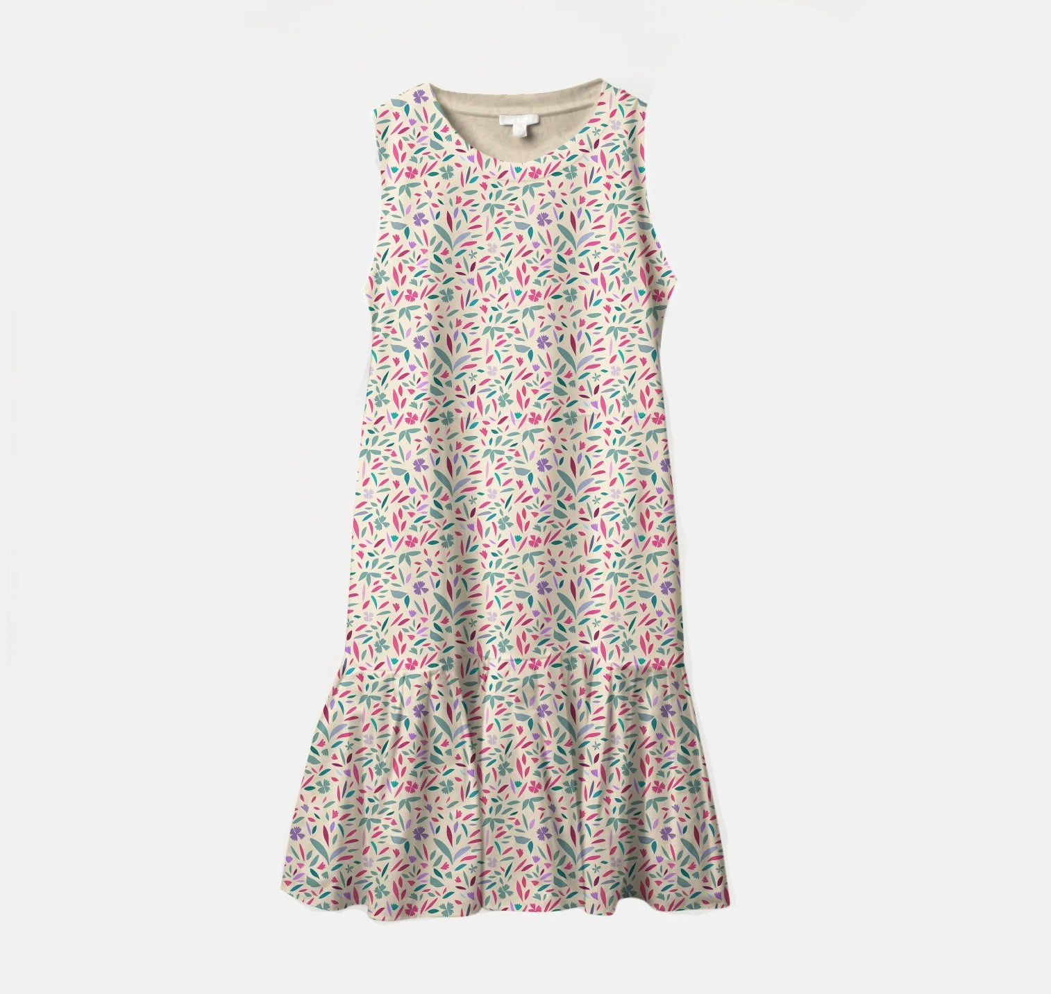 Ein langes, ärmelloses Kleid mit einem gemusterten floralem Design in Rosa, Lila, Grün und Weiß.