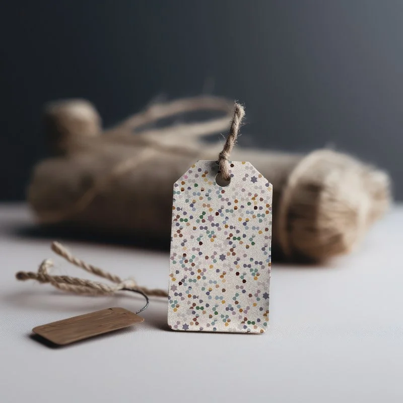 Kleine Geschenkverpackung mit einem bunten, konfettibunten Geschenkaufkleber und einem Holzanhänger, liegend auf weißem Hintergrund, mit einem holzigen Objekt im Hintergrund.