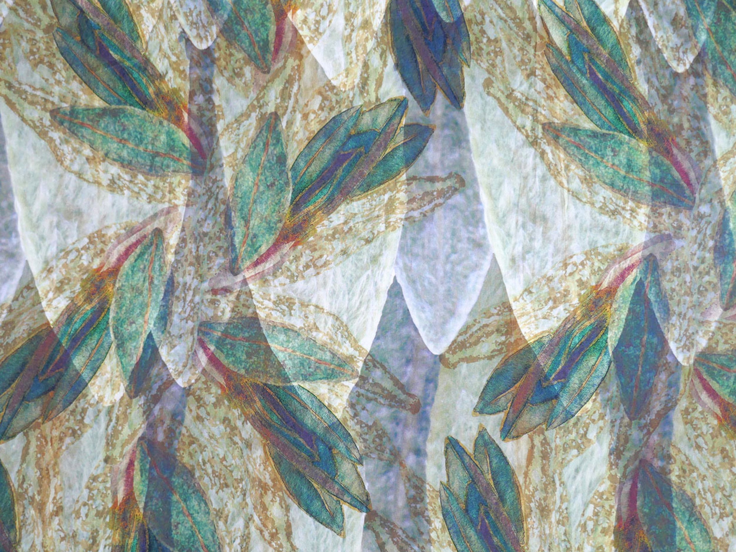 Ein Stoff mit einem abstrakten, bunten Muster aus Blättern in Blau, Grün und Gold auf einer texturierten Oberfläche. Inspiriert vom Ökosystem des Páramo.