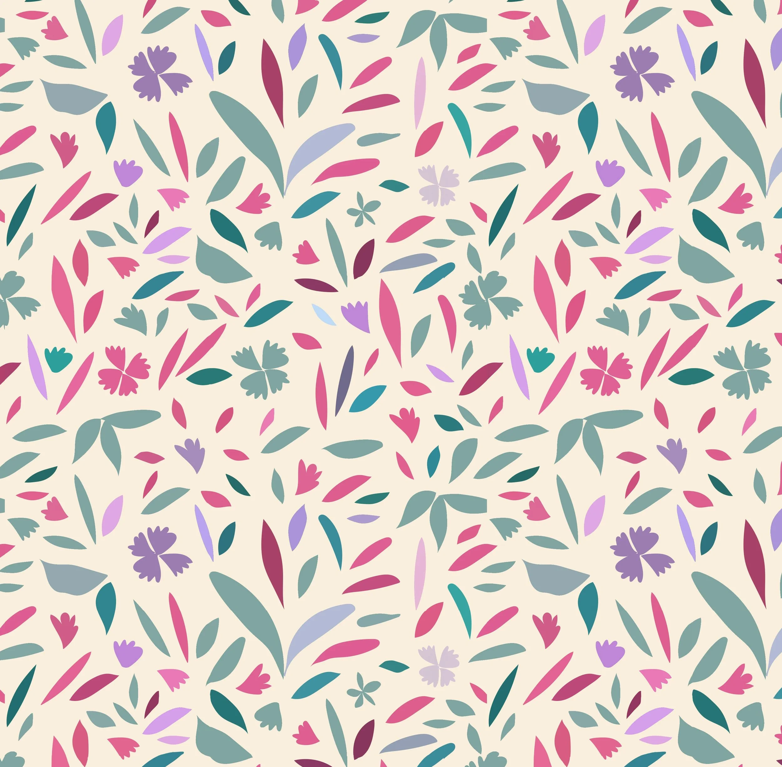 Muster mit Blumen- und Blattformen in Pastellfarben auf hellem Hintergrund.