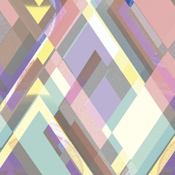 Abstraktes geometrisches Muster mit überlappenden farbigen Dreiecken und Parallelogrammen in Pastellfarben wie Lila, Rosa, Blau, Gelb und Grau.