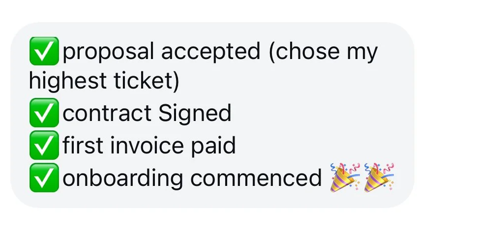 Screenshot of a message with four completed tasks, each marked with a green checkmark: proposal accepted, contract signed, first invoice paid, onboarding commenced, with party popper emojis at the end.