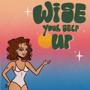 Cartoon woman with curly hair in a one-piece swimsuit, pointing to text that reads 'Wife Yourself Up' with a sunset background and sparkles.