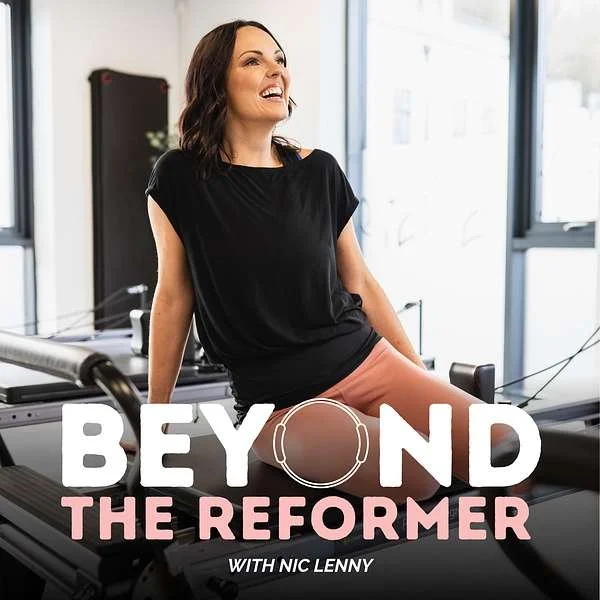 A woman sitting on a reformer Pilates machine in a bright, modern studio, smiling and looking away. Text overlay says 'Beyond the Reformer with Nic Lenny'.