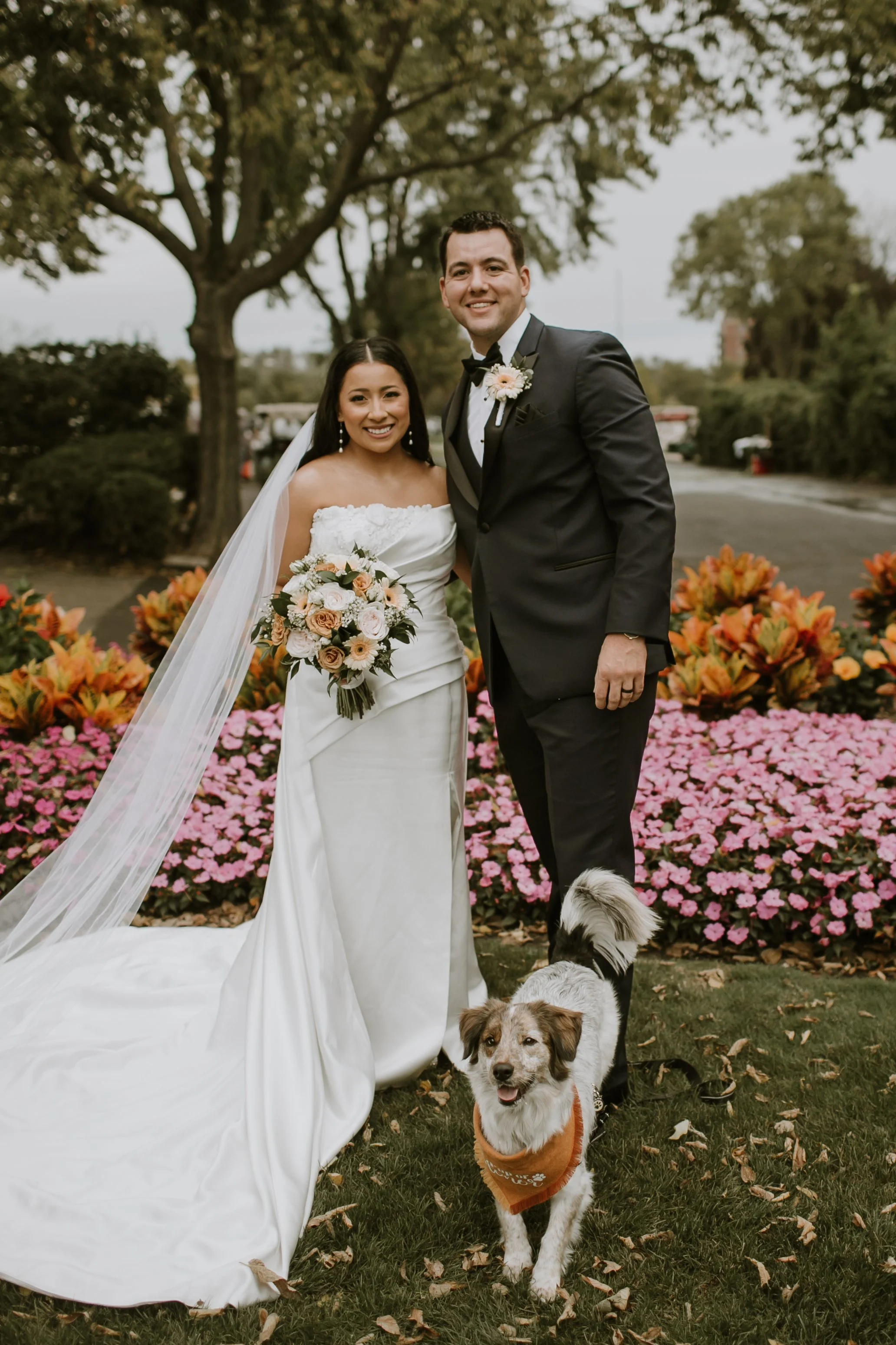 Couple with their dog enjoying wedding ceremony in Naperville