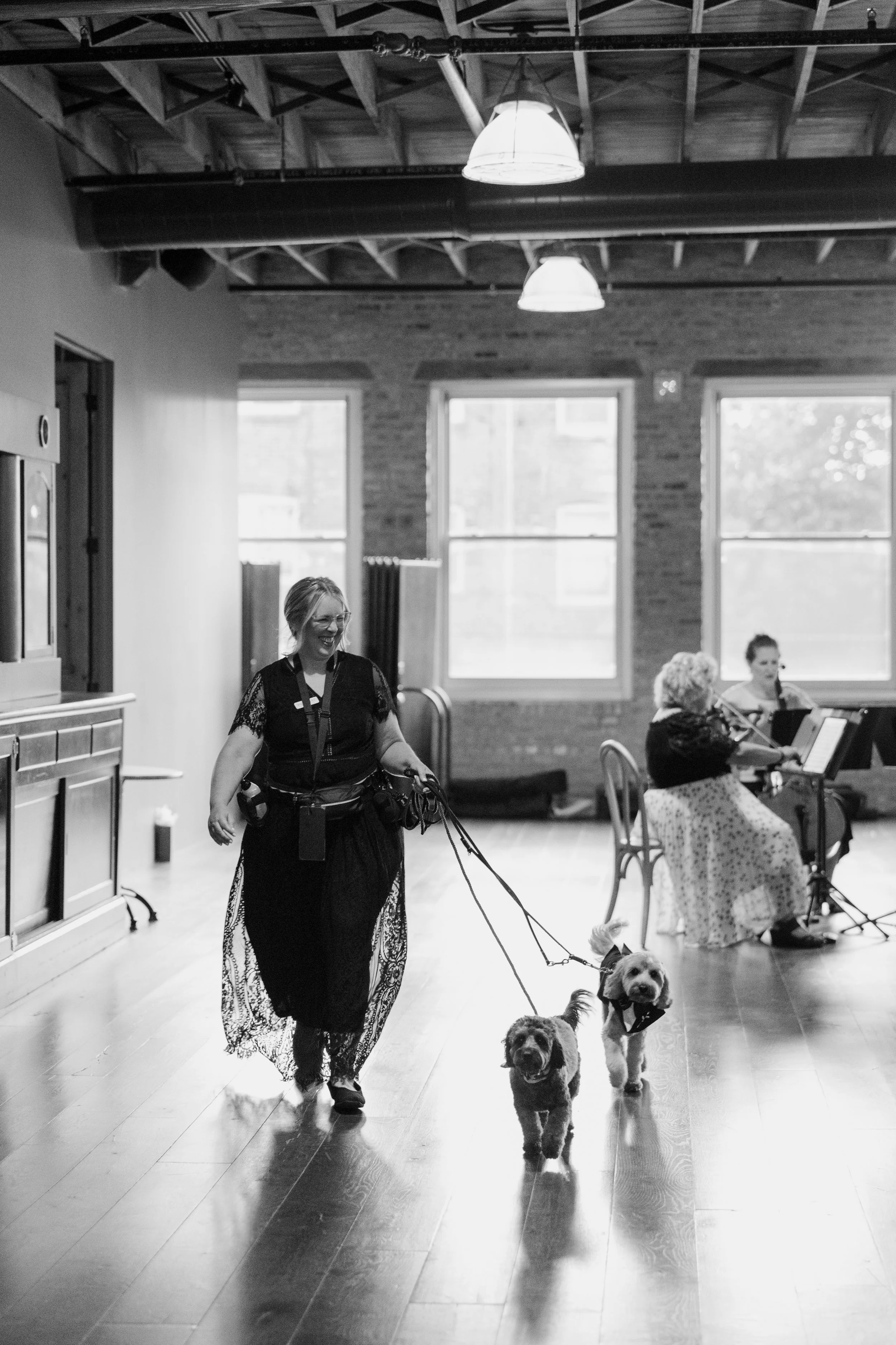 Professional pet wedding service walking dog down the aisle in wedding ceremony in Chicago. 