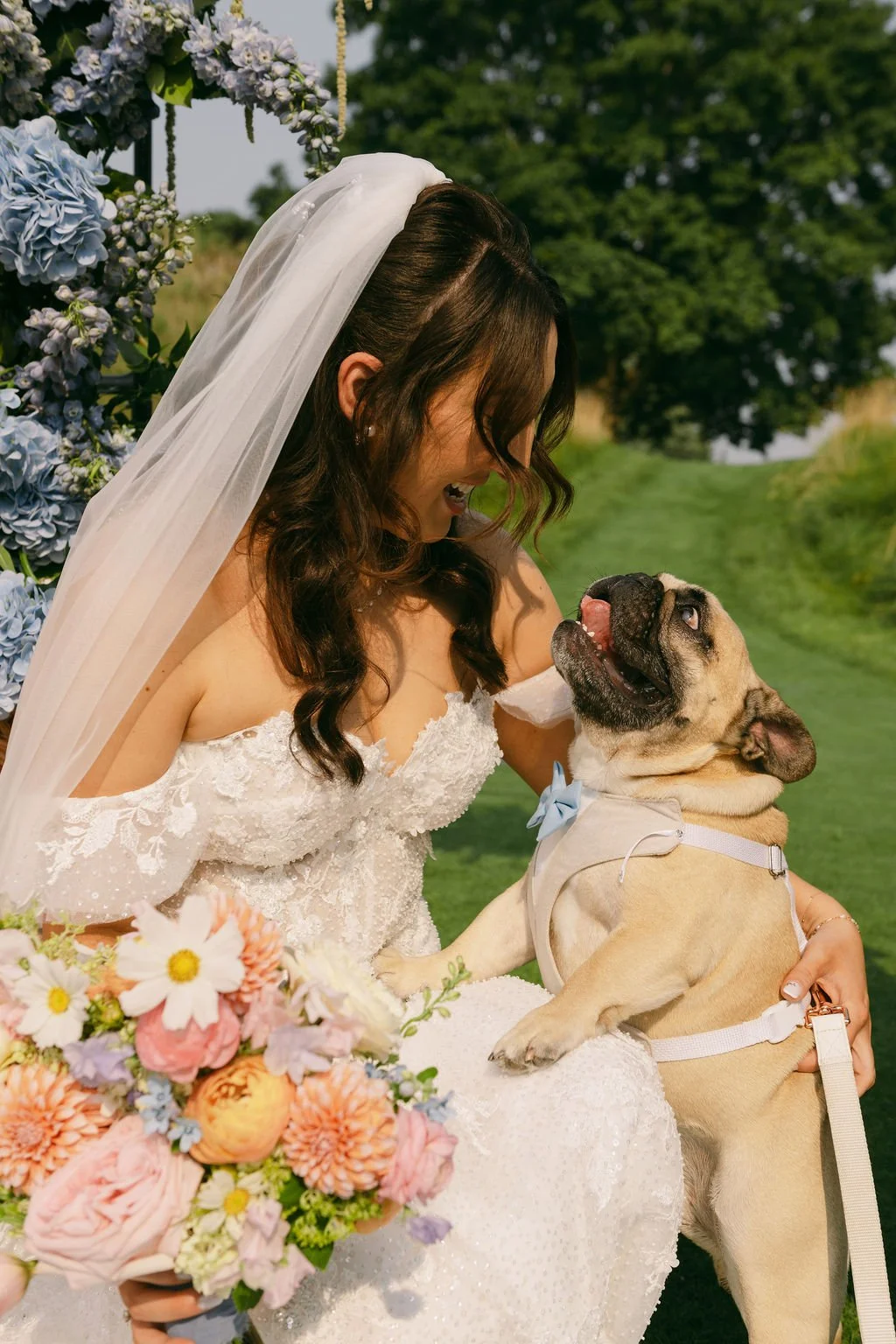 Bride laughing as dog interacts with her at Chicago wedding