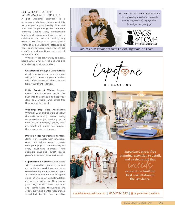 “Wags of Love team highlighted in Chicago wedding magazine article about dog wedding attendants