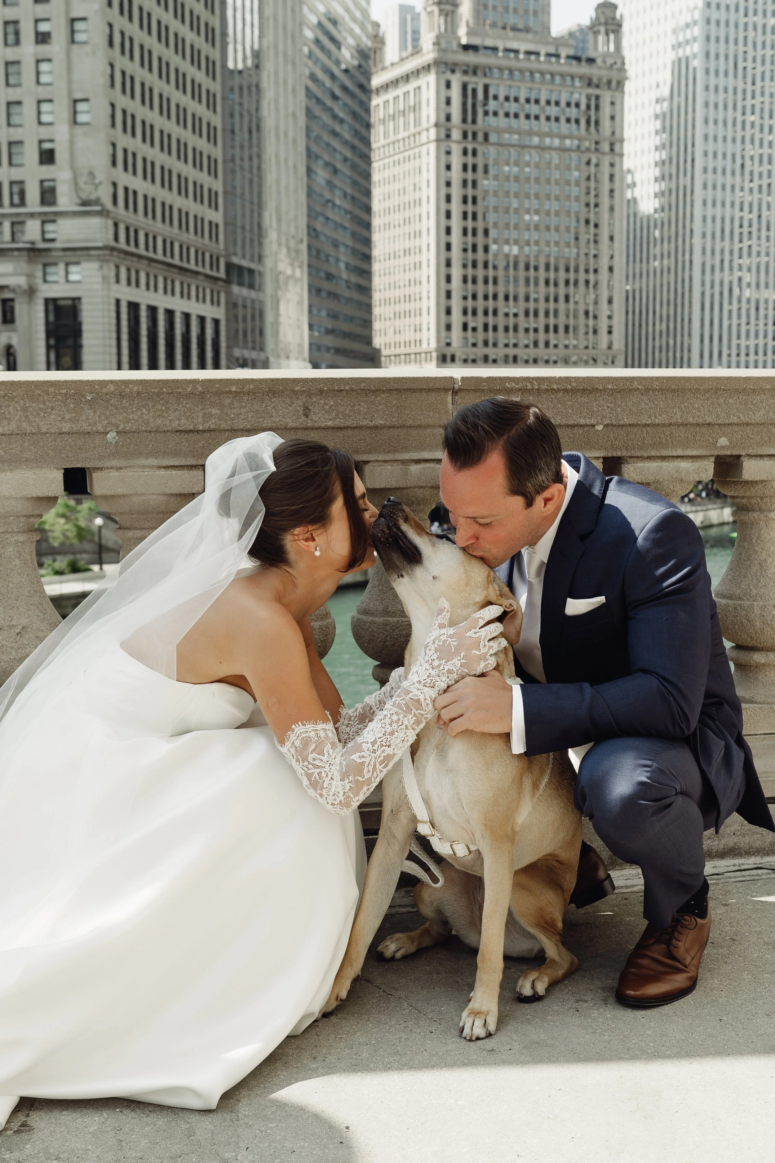 Bride and groom with their dog on the Chicago Riverwalk during wedding portraits with pet wedding attendant.