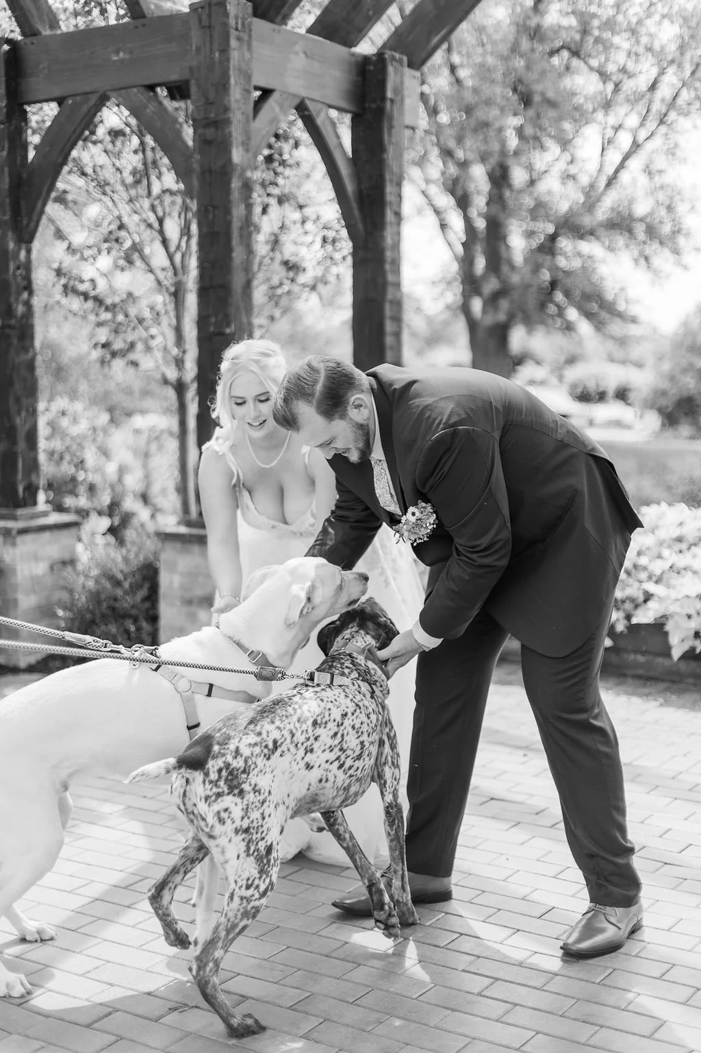 Couple having first look with dogs during wedding at The Farmhouse in Plainfield.