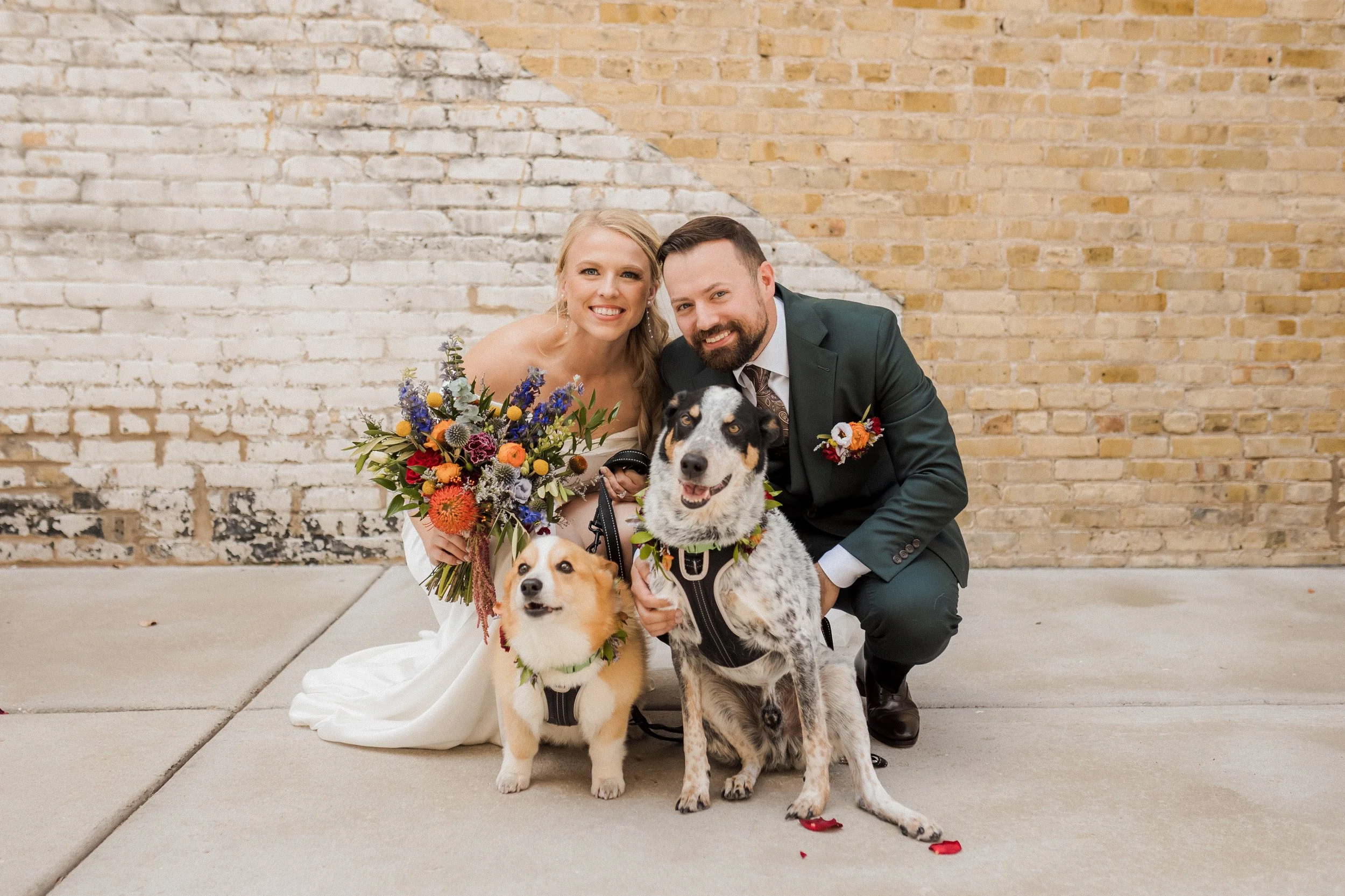 Couple taking picture with dogs at wedding at the Mercantile Hall in Burlington Wisconsin