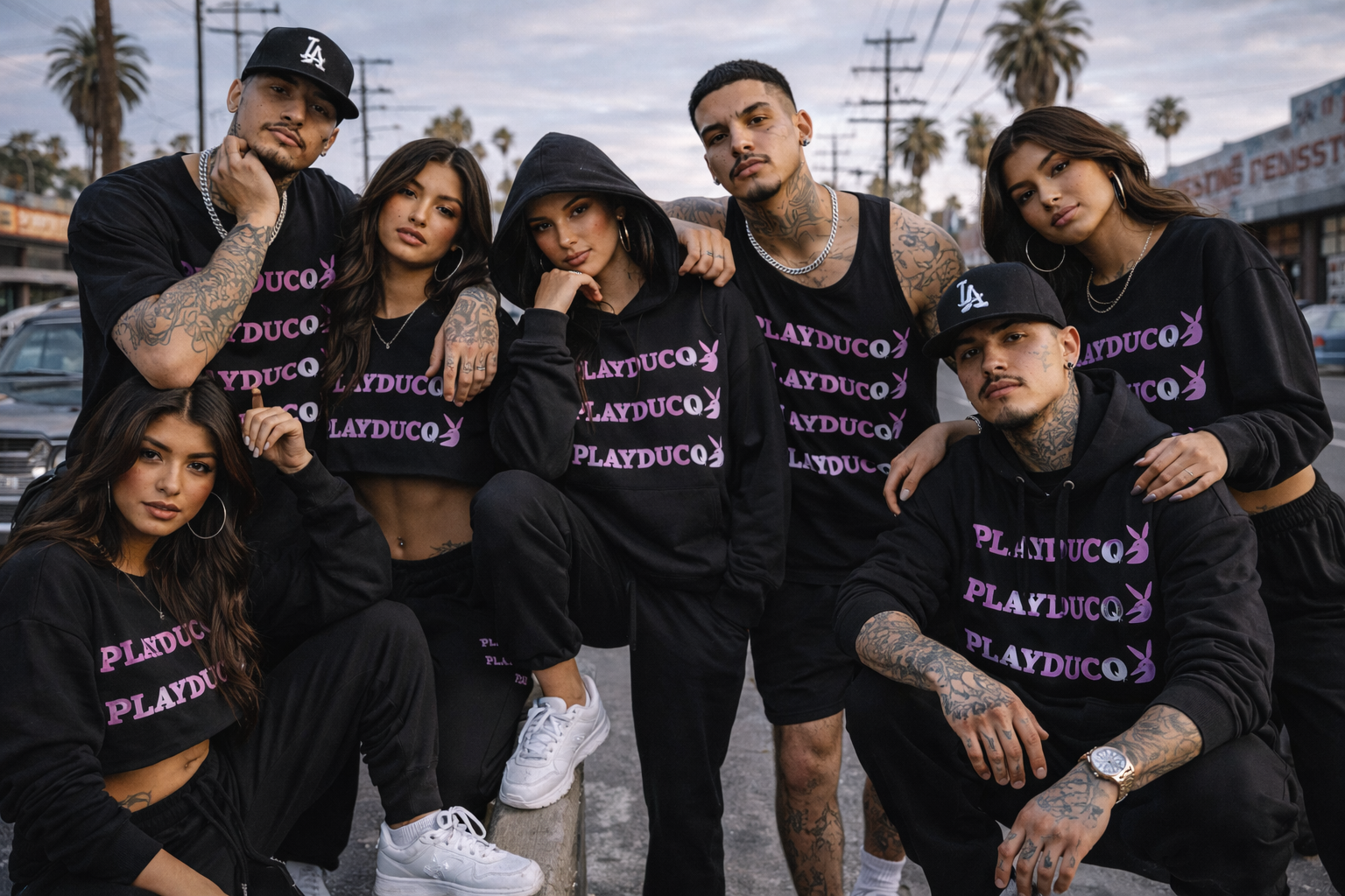 Group of eight young adults posing on a street, wearing matching black shirts and hoodies with pink 'PLAYDUCO' logos, with palm trees and parked cars in the background.