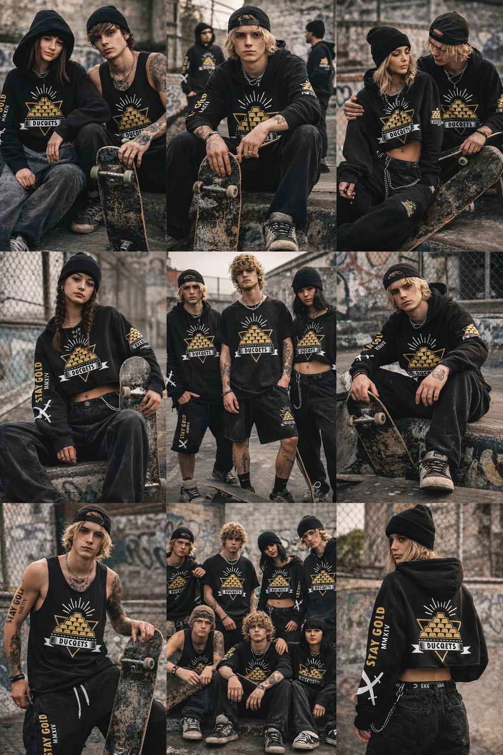 Group of young skaters in urban skatepark wearing black streetwear with gold pyramid logo, featuring skateboards, graffiti, chain links, and chain cuffs in an edgy setting.