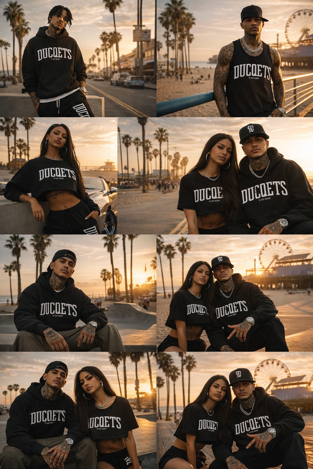 Group of young people, two women and two men, posing on a beach at sunset, with palm trees and a Ferris wheel in the background, all wearing black clothing with 'DUCOETS' text.