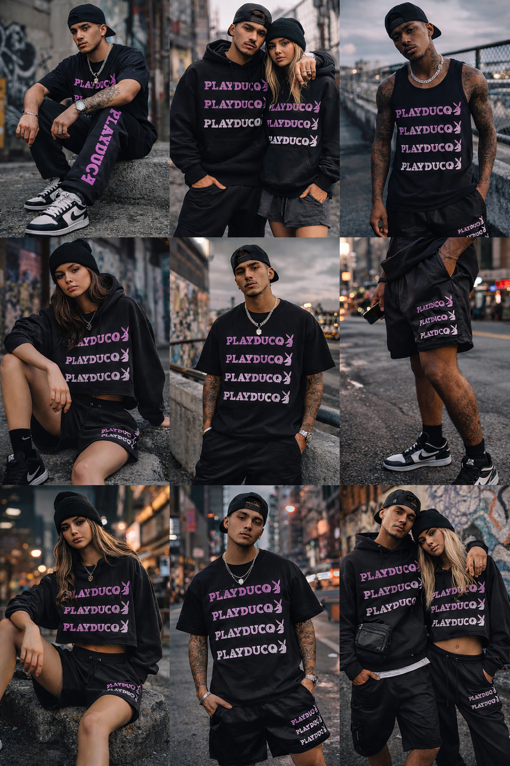 Group of young adults in urban streetwear, featuring black clothes with pink "PLAY DUC" and bunny logo, in cityscape at dusk.