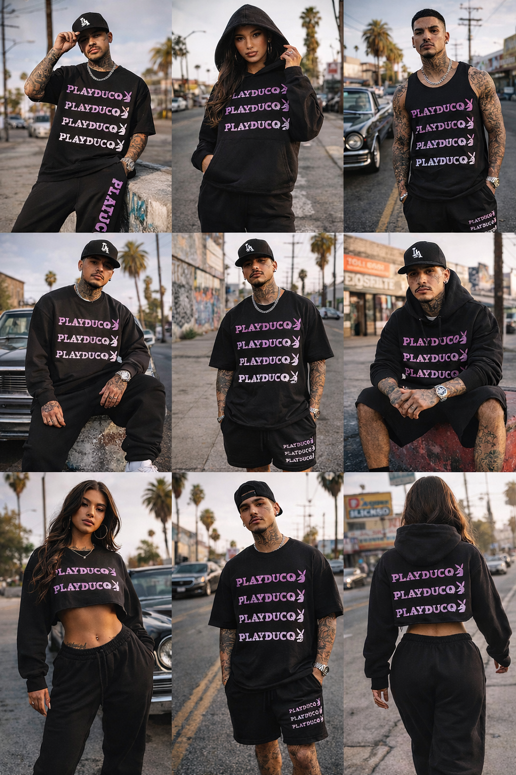 Group of nine young adults, five men and four women, posing outdoors on streets with palm trees. They wear black clothing with matching "PLAYDUCØ" and Playboy bunny logo in purple. Some have tattoos, jewelry, and hats.