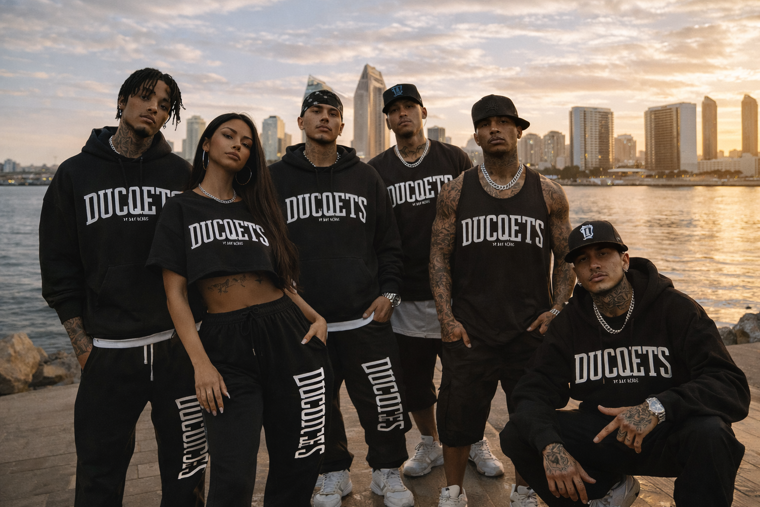 Group of six young people standing near water with city skyline in the background during sunset, wearing black clothing with 'DUCOETS' printed on them.