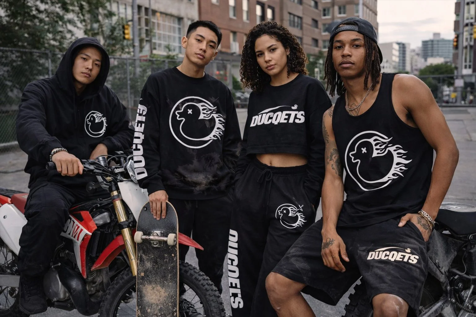Four young adults, three men and one woman, standing outdoors in an urban environment, dressed in black athletic clothing with a 'Ducqets' logo, some holding skateboards, with residential buildings and a fence in the background.