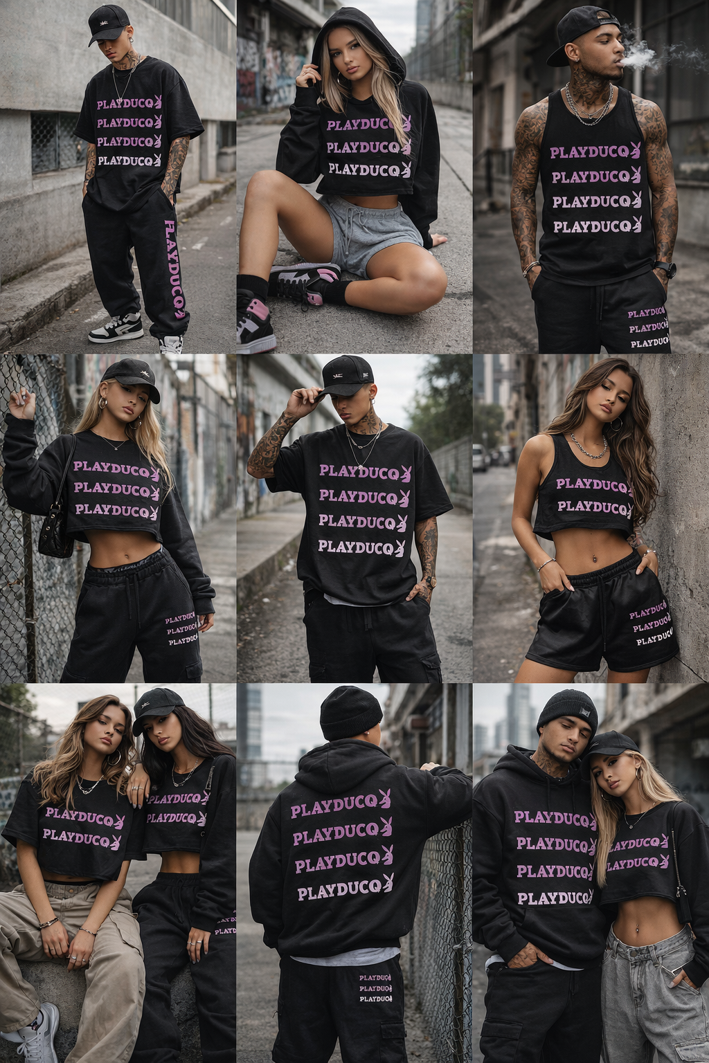 Multiple photos of young adults wearing black streetwear with purple 'PLAYDUCQ' logo, posing in urban outdoor settings with graffiti walls, fences, and city streets.