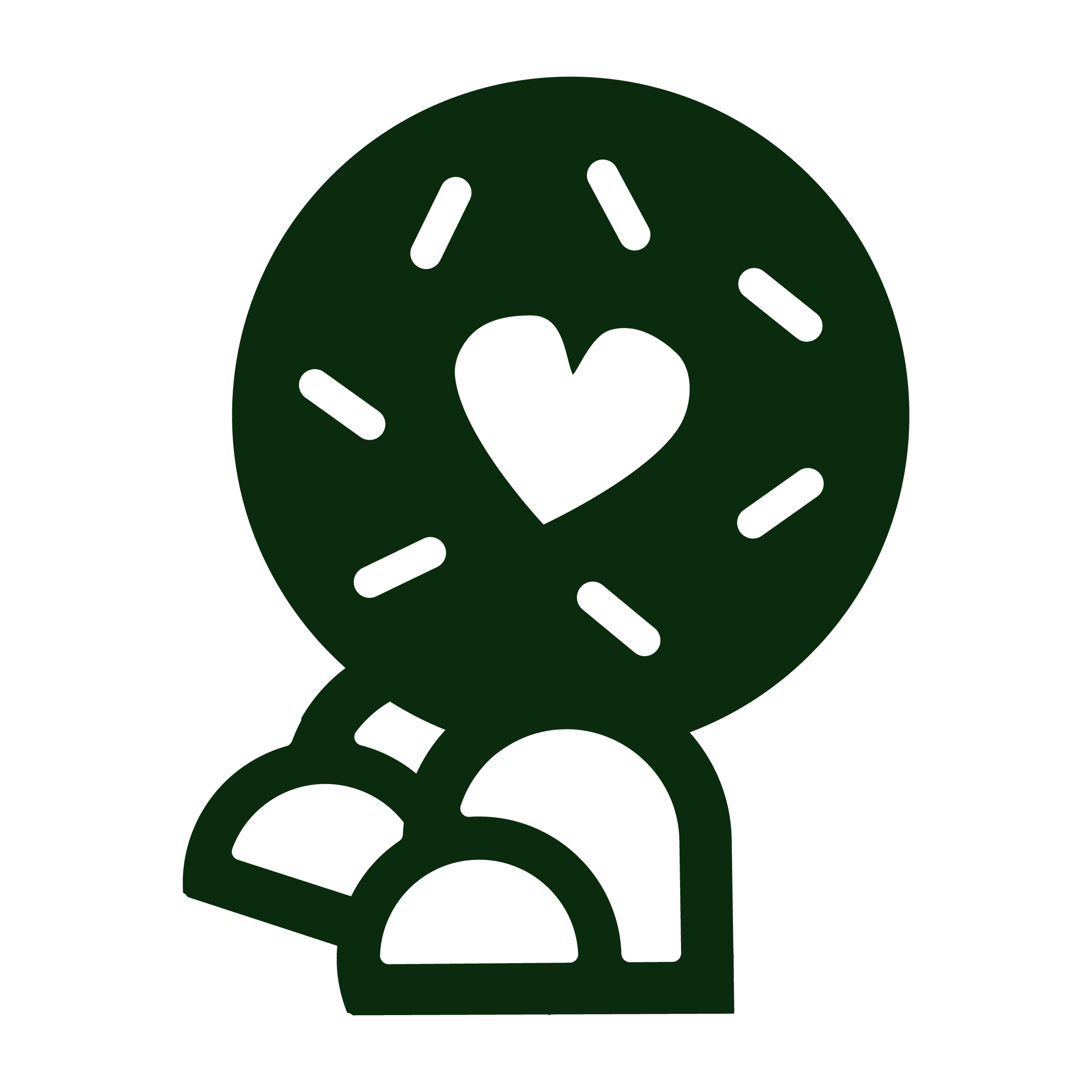 A stylized, minimalist drawing of a person with a large round head featuring a heart shape in the center and radiating lines around the head, suggesting happiness or love, with a simple body and arm.