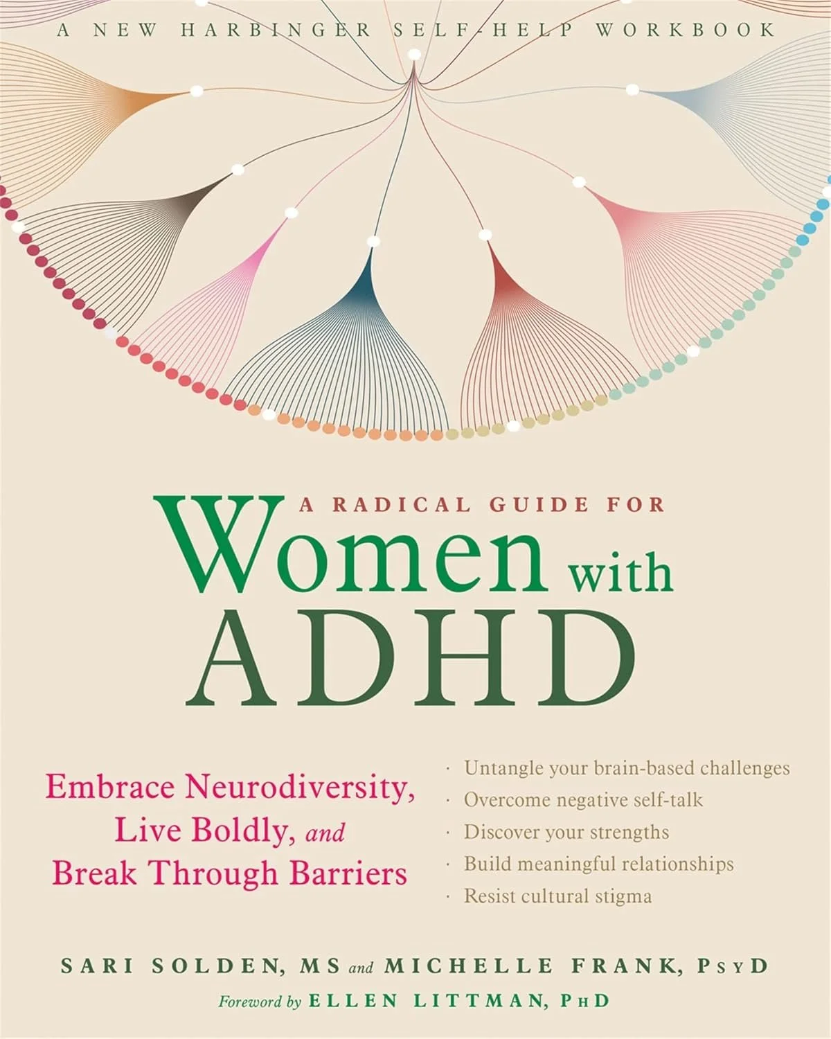 Book cover for 'A Radical Guide for Women with ADHD,' with a colorful abstract design of flower-like shapes.
