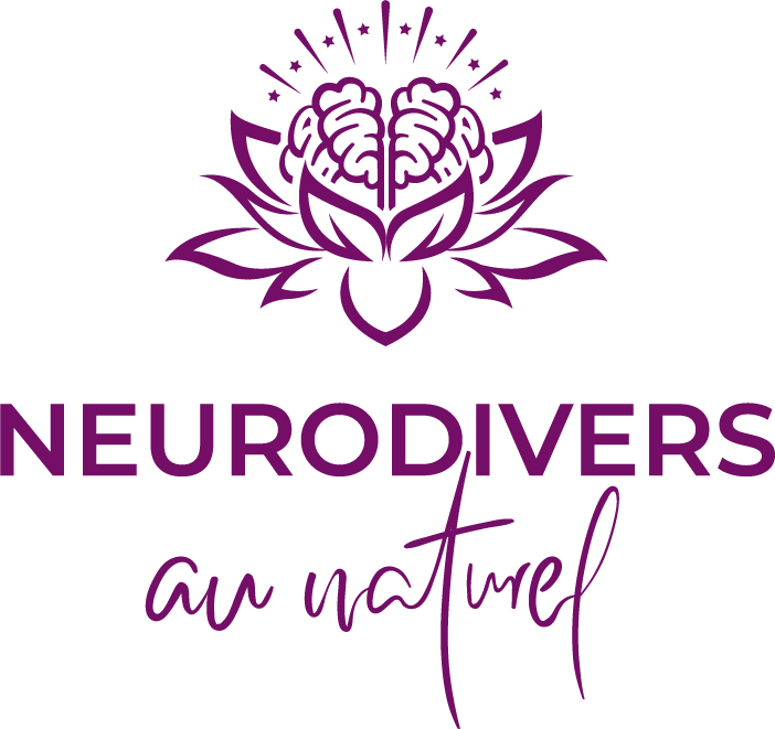 neurodiverse au naturel anne elisabeth petiaux logo Purple logo featuring a stylized flower with a brain in the center, surrounded by radiating lines. Below, the text reads "NEURODIVERS" in uppercase, and "anatural" in cursive.