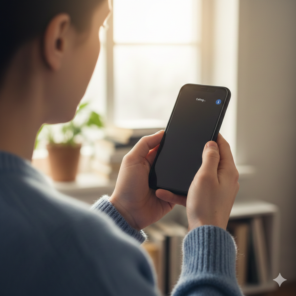 Person holding a smartphone in a room with sunlight coming through a window, with a potted plant and books in the background.