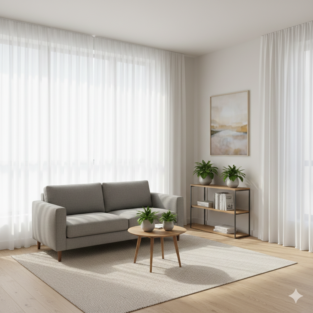 Minimalist living room with a light gray sofa, small wooden coffee table with potted plants, a wooden shelf with books and more potted plants, abstract landscape artwork on the wall, large windows with sheer white curtains, light wood flooring, and a neutral-colored rug.