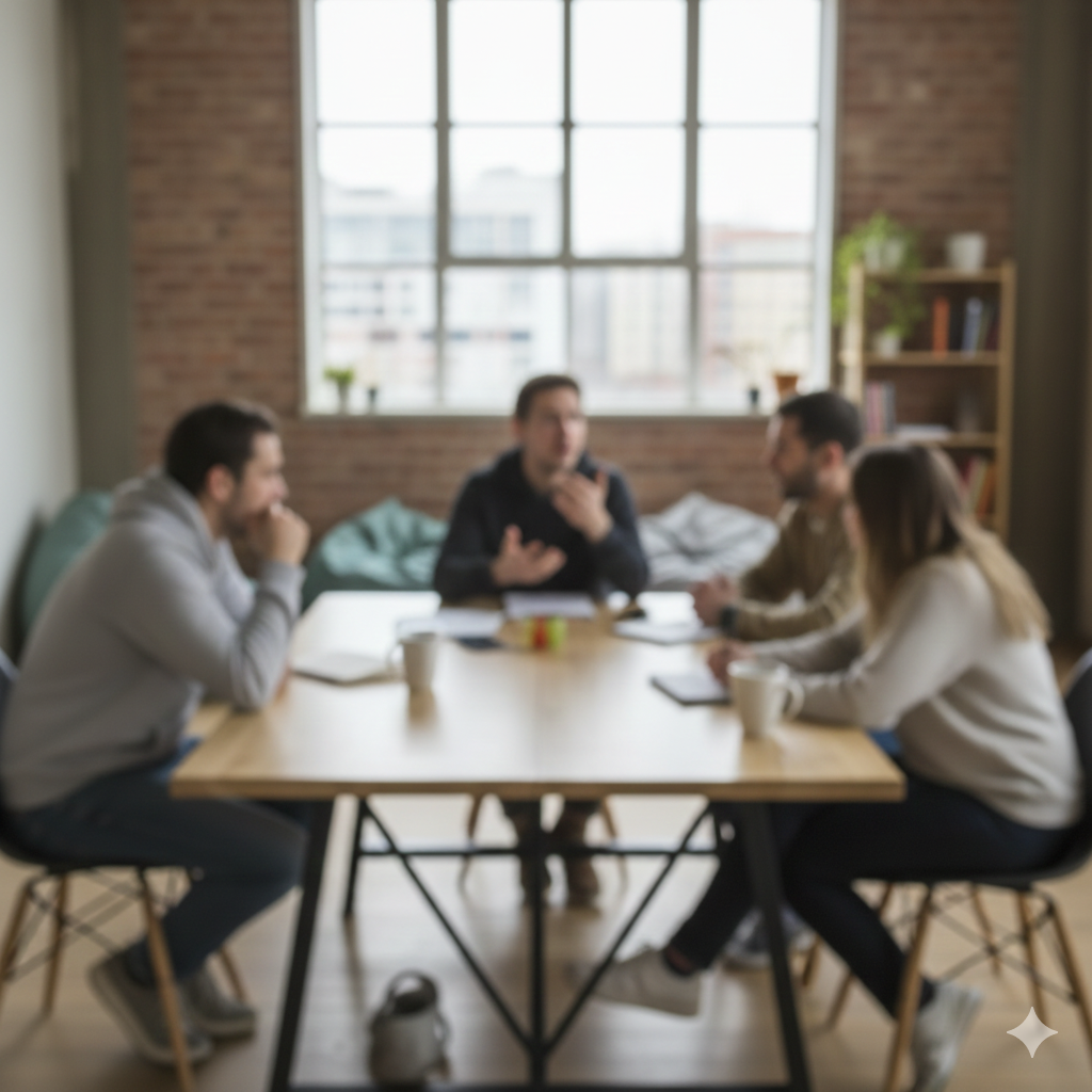 Four people sitting at a wooden table in a modern office or meeting room with a large window in the background, engaged in a discussion.