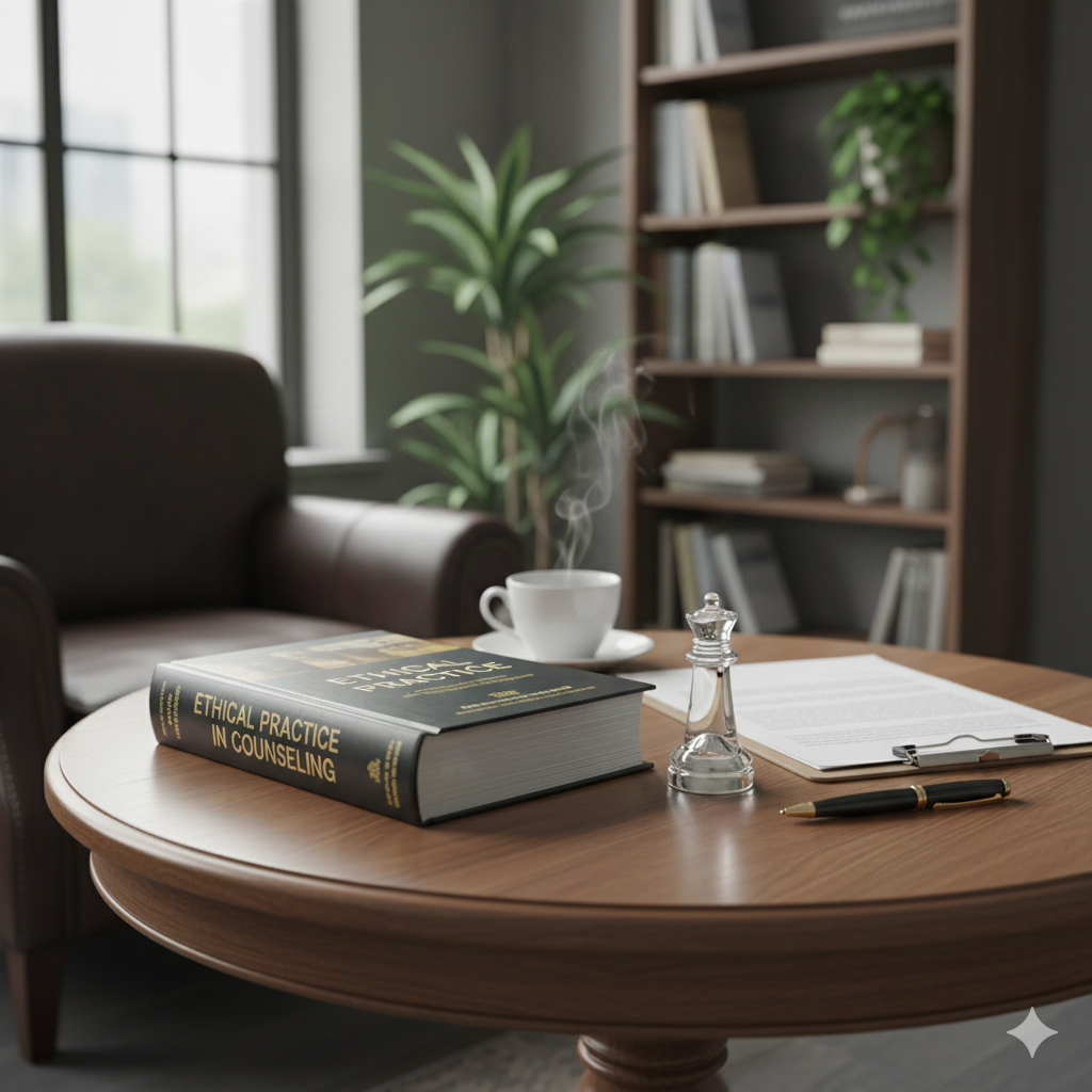 Spaecous study or office room with a round wooden table, a steaming cup of coffee, a closed book titled 'Ethical Practice in Counseling,' an open notebook with a pen, a glass chess piece, a pen, a gray armchair, a bookshelf with books and a potted plant in the background, and a large window allowing natural light.
