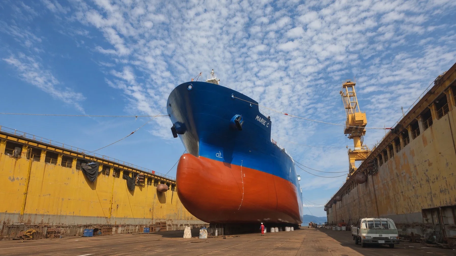 Large blue-and-red cargo ship named Marie C in a dry dock, surrounded by shipyard cranes and workers.