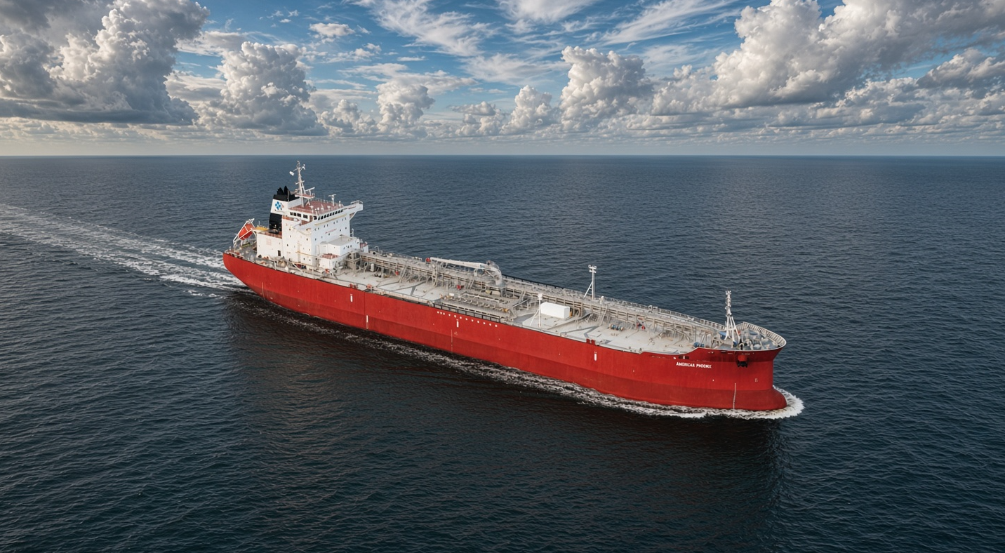 Red oil tanker ship sailing across the open ocean beneath dramatic clouds