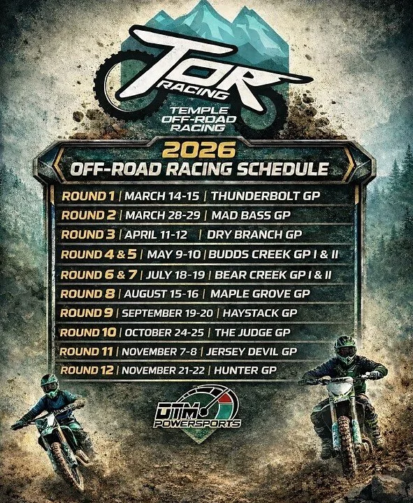 2026 off-road racing schedule for TAG Racing, including dates and venues for various Grand Prix rounds, with images of two motocross riders on bikes set against a rugged outdoor backdrop.