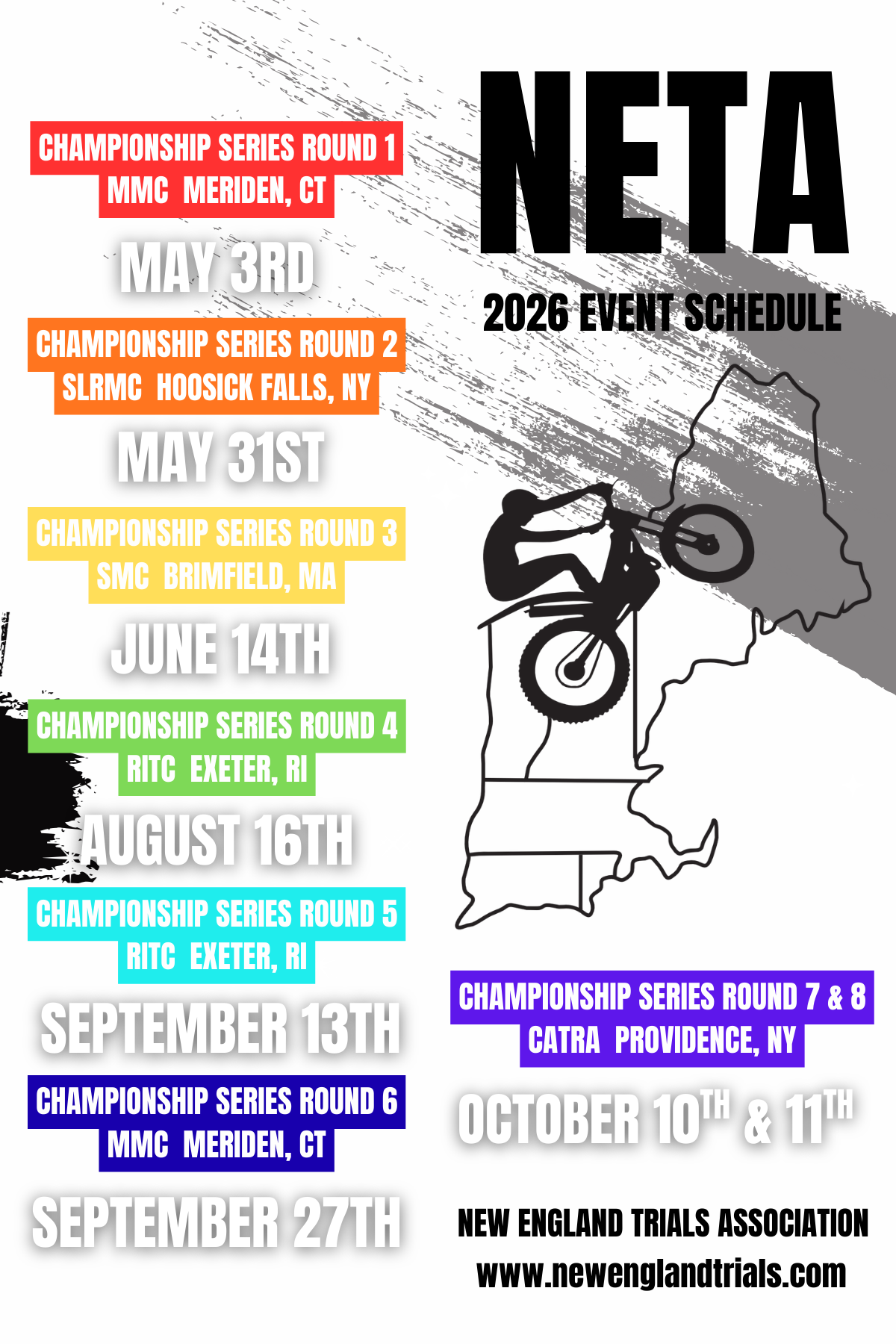 A schedule for the 2026 motocross championship series, listing race dates and locations from May to October across various states including Connecticut, New York, Massachusetts, Rhode Island, and New Hampshire. The schedule also features a map outline of New England with a silhouette of a motocross rider.