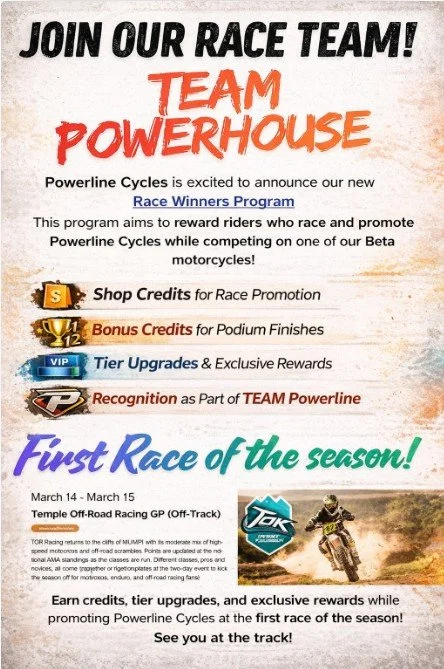 Poster promoting the Powerline Cycles race team. Features event details, rewards, and images of a dirt bike rider in action.