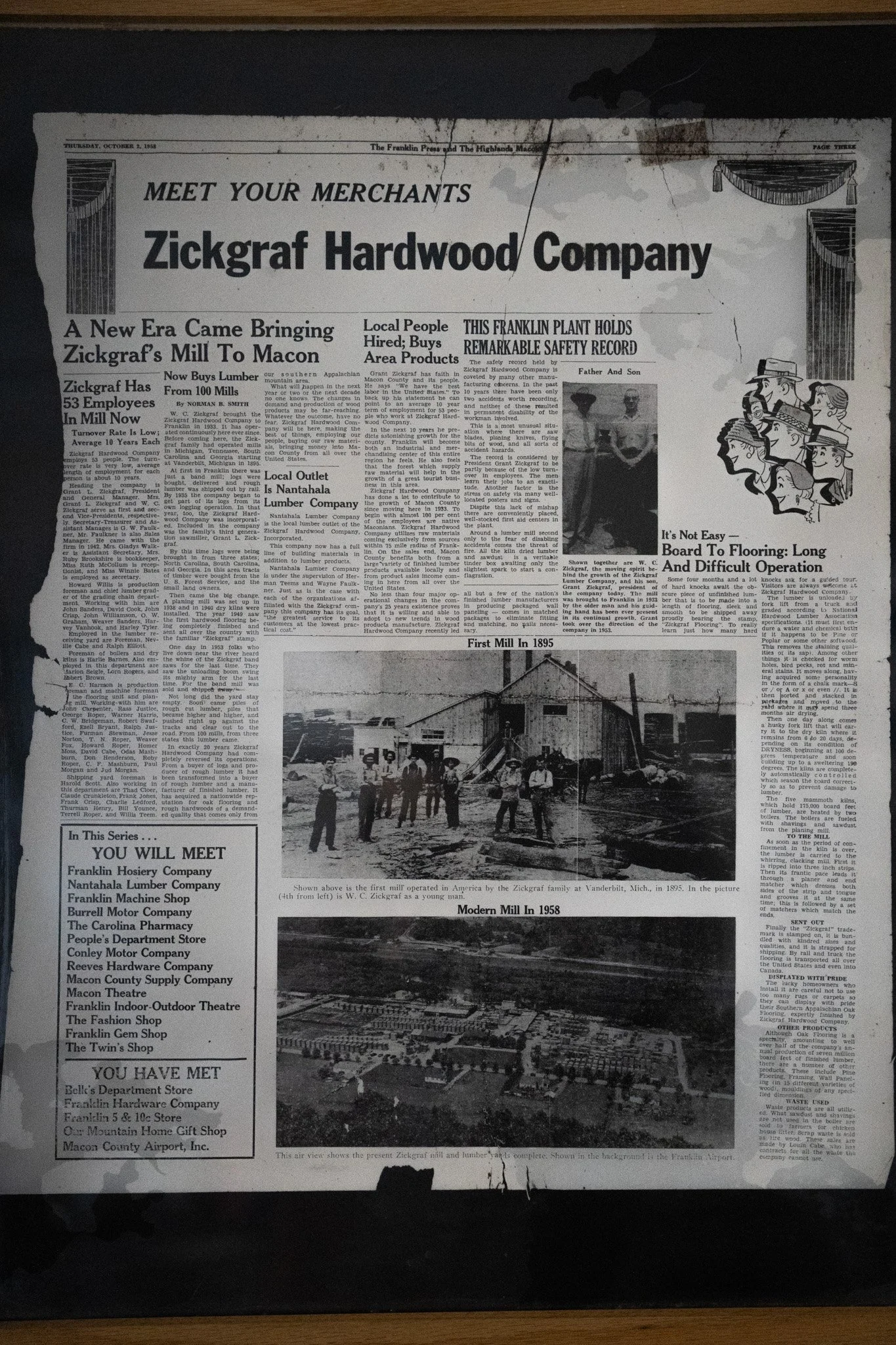 A newspaper page comparing black and white historical photos of the Zickgraf Hardwood Company sawmill in 1895 and a modern view of the same location in 1958.