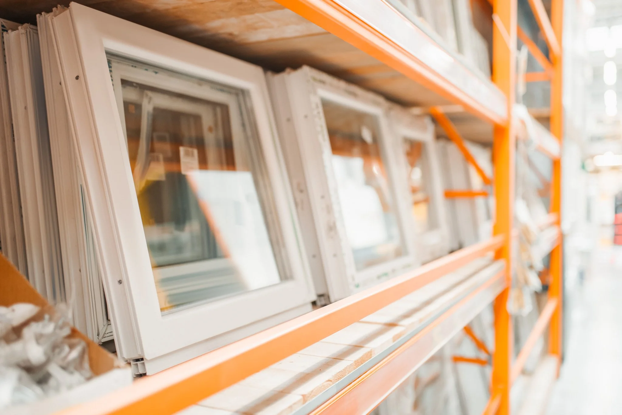 Display of white window frames on orange metal shelving in a store aisle