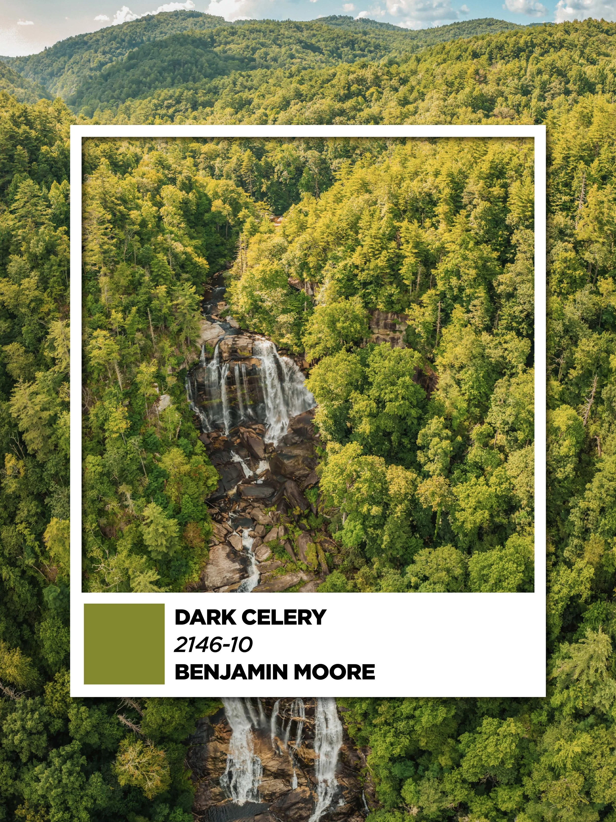 Aerial view of a lush green forest with a waterfall cascading over rocks, surrounded by mountains. A white border overlay contains text indicating the color 'Dark Celery,' with a code '2146-10,' and the name 'Benjamin Moore.'