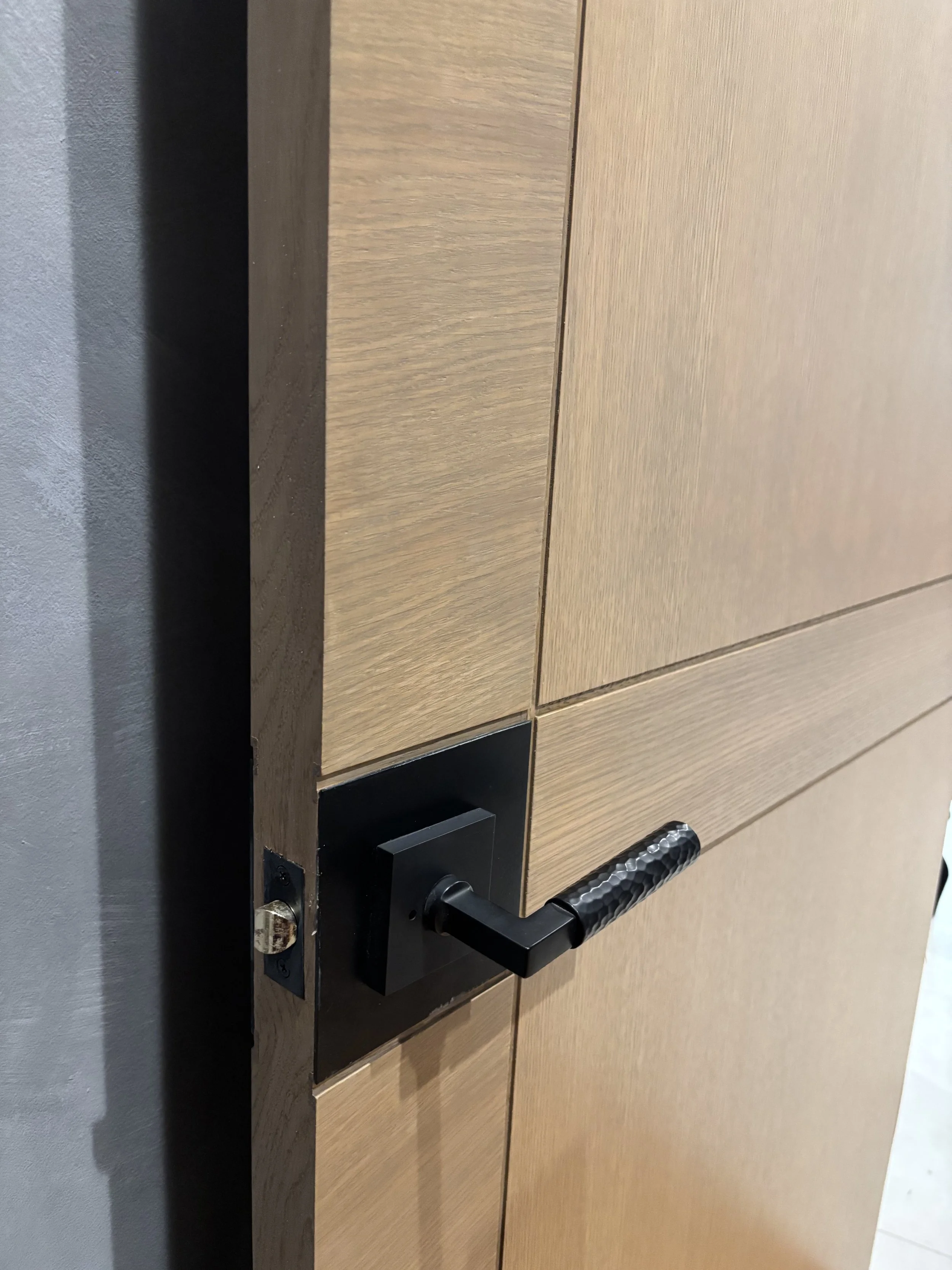 Close-up of a wooden door with a black handle and a silver deadbolt lock.