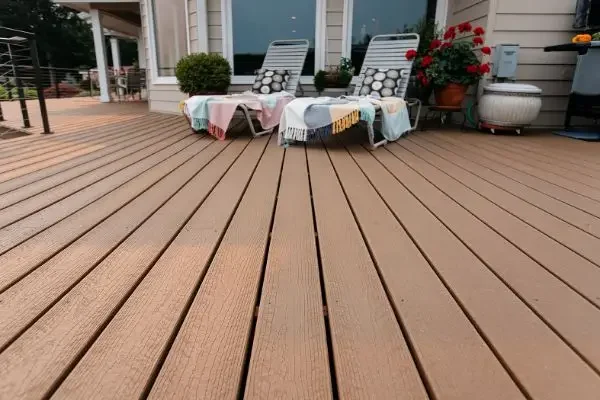 View of a wooden deck with two lounge chairs and potted plants in the background.