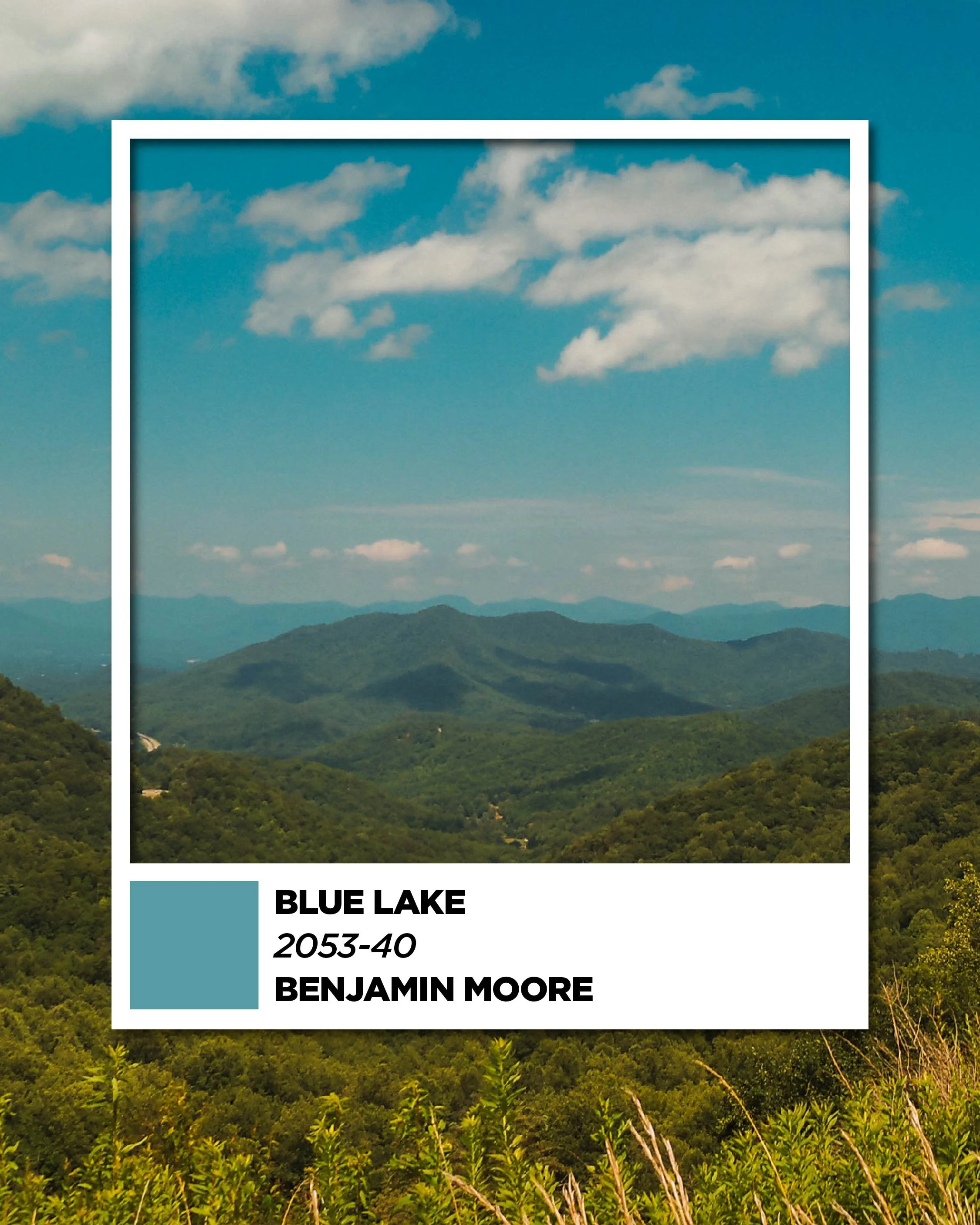 Scenic view of green mountains under blue sky with scattered clouds, labeled as Blue Lake, with the name Benjamin Moore and the numbers 2053-40.