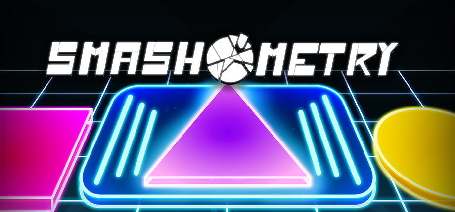 Retro neon-style graphic featuring the word 'Smashometry' with a broken circle icon, geometric shapes including a pink square, a purple triangle, and a yellow circle, all against a grid background.