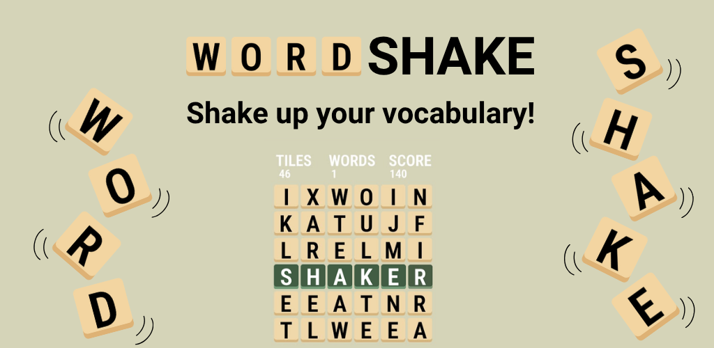 Screenshot of a word game titled 'Word Shake' encouraging players to shake their vocabularies. The game shows a grid of letter tiles with some already forming the word 'SHAKER'. Surrounding the game grid are letter tiles with motion lines, indicating shaking, spelling out words like 'WORD' and 'SHAKE'.